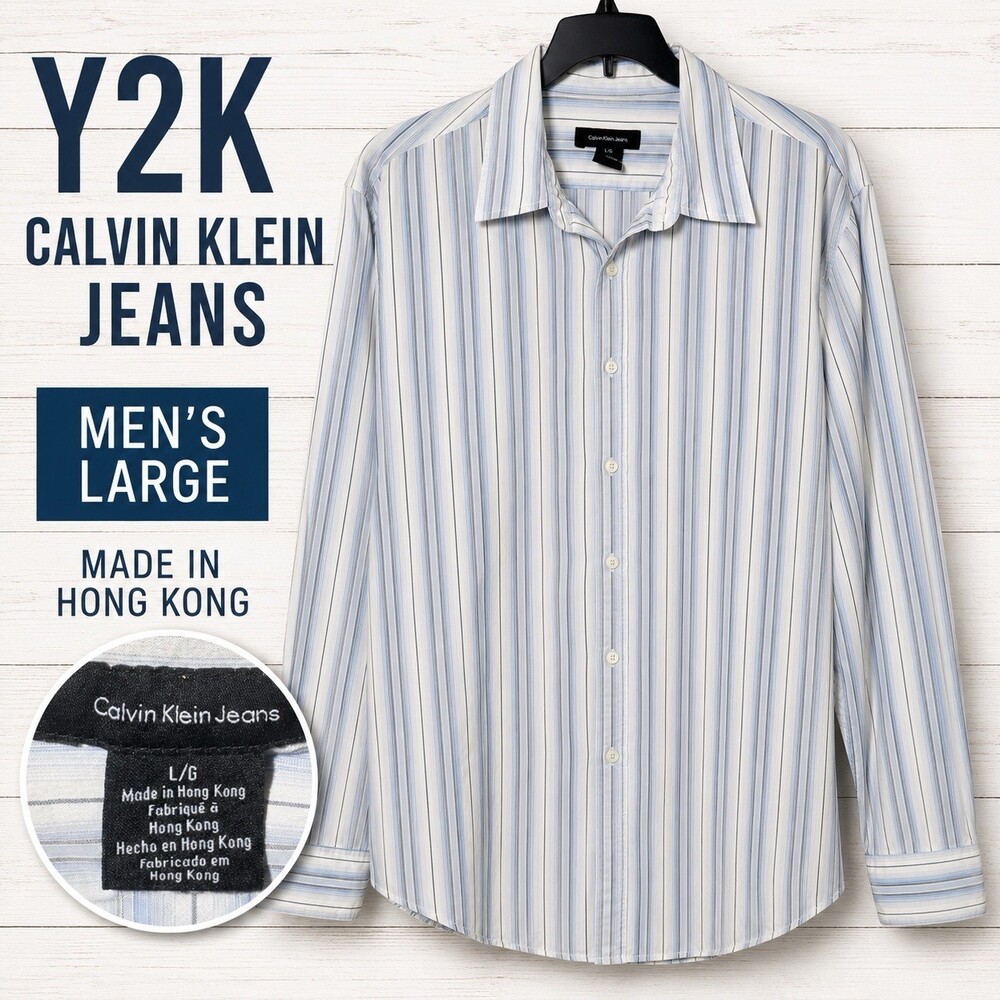 Y2K Calvin Klein Jeans Stripe Button Front Shirt Mens L Blue White Hong Kong